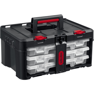 KETER STACKNROLL, 481 х 332 х 233 мм, (19″), пластиковый ящик с 3 органайзерами и 18 ячейками (38406)