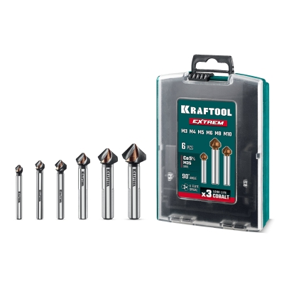 KRAFTOOL EXTREME Со5-А, 6 шт (6.3, 8.3, 10.4, 12.4, 16.5, 20.5 мм), Z3, 90°, сталь M35, U-образная спираль, набор зенковок (29734-H6)