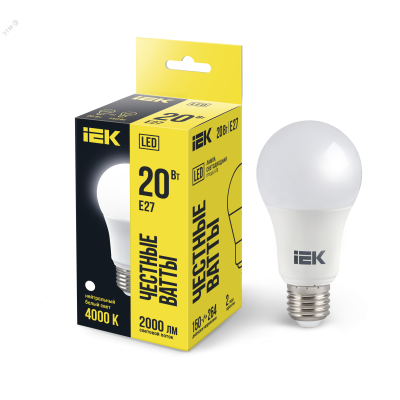Лампа светодиодная Eco 20Вт A60 шар грушевидная 4000К нейтр. бел. E27 230В IEK LLE-A60-20-230-40-E27