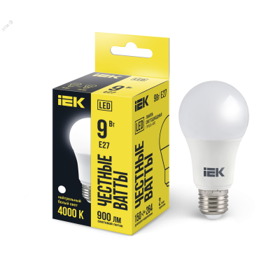Лампа светодиодная Eco 9Вт A60 шар грушевидная 4000К нейтр. бел. E27 810лм 230-240В IEK LLE-A60-9-230-40-E27