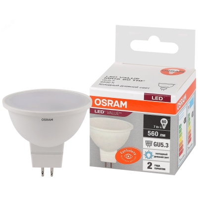Лампа светодиодная LED 7 Вт GU5.3 6500К 560Лм спот 220 В (замена 60Вт) OSRAM 4058075582842