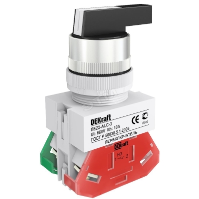 Переключатель на 3 пол.(прав. и лев. без фикс.) I-O-II станд. ручка (2НО) ACRL-3 22 мм 220В ПЕ-22 DEKra 25141DEK