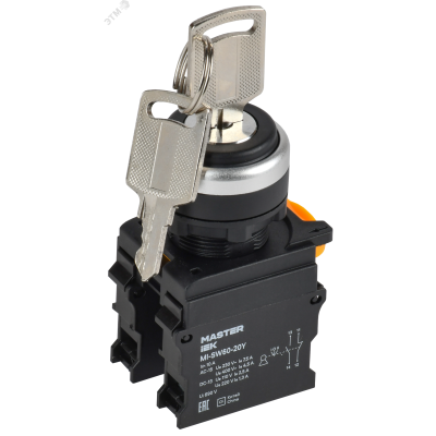 Переключатель с ключом 3 полож. 1NO+1NC ч-рный MASTER IEK MI-SW60-20Y-3-34-3-K02