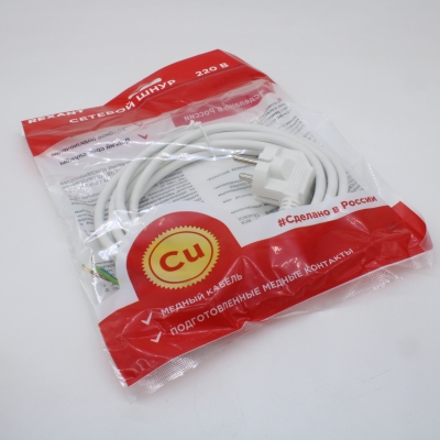 Шнур электрический с угловой вилкой 10А 2300Вт ПВС 3х0.75кв.мм 3м бел. 11-1310