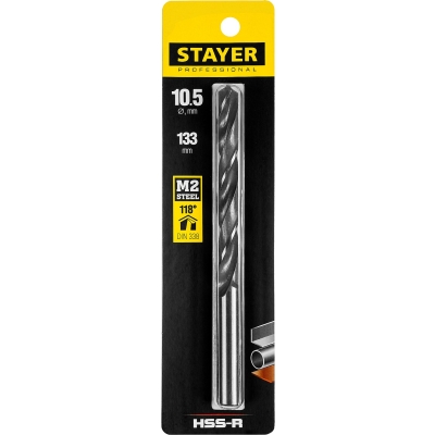 STAYER HSS-R, 10.5 х 133 мм, быстрорежущая сталь P6M5, сверло по металлу, Professional (29602-10.5)