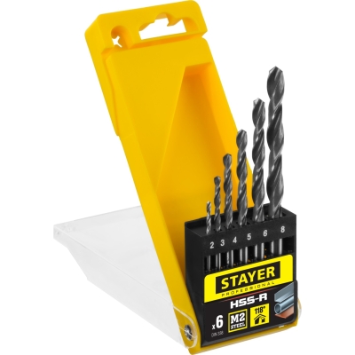 STAYER HSS-R, 6 шт, (2-8 мм), быстрорежущая сталь P6M5, класс В, набор сверл по металлу, Professional (29602-H6)