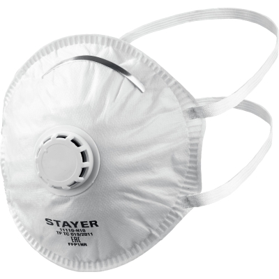 STAYER KV-80, класс защиты FFP1, коническая, 10 шт в коробке, фильтрующая полумаска с клапаном выдоха (11110-H10)