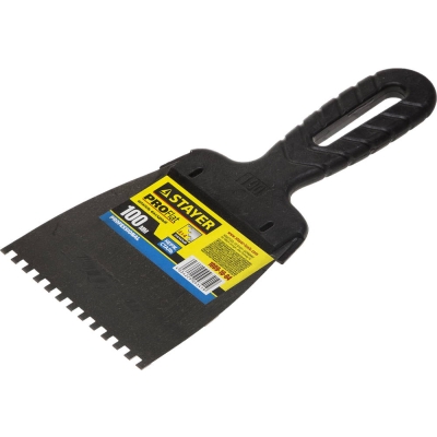 STAYER PROFlat, 100 мм, зуб 4 х 4 мм, пластиковая ручка, зубчатый, нержавеющий фасадный шпатель, Professional (1009-10-04)