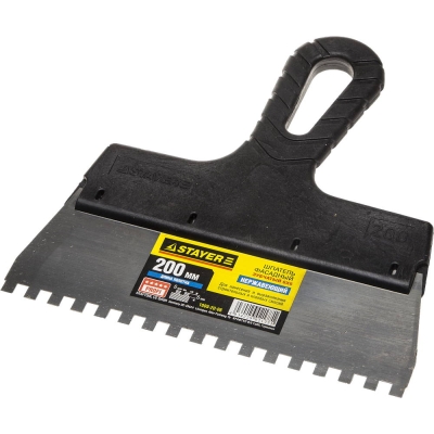 STAYER PROFlat, 200 мм, зуб 6 х 6 мм, пластиковая ручка, зубчатый, нержавеющий фасадный шпатель, Professional (1009-20-06)