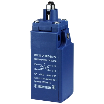 ВП 24-2102П-65 У2 (XCKN2102),толкатель с роликом,1з+1р,мгновенный,20мм,б/сальника,3А,IP65 (ЭТ)