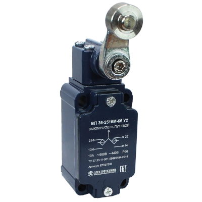 ВП 36-2516М-66 У2 (XCKJ50513H29),рычаг стальн. ролик,1з+1р,полумгнов.,30х60мм,б/сальн.,3А,IP66 (ЭТ)