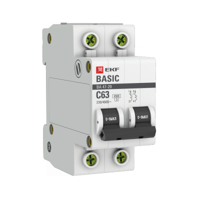Выключатель автоматический модульный 2п C 63А 4.5кА ВА 47-29 Basic EKF mcb4729-2-63C