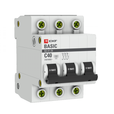 Выключатель автоматический модульный 3п C 40А 4.5кА ВА 47-29 Basic EKF mcb4729-3-40C