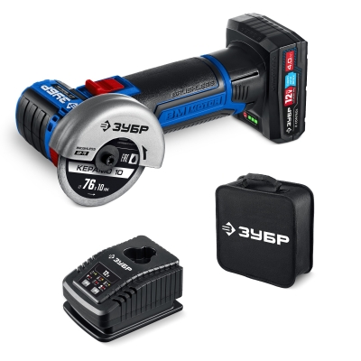 ЗУБР 12 В, D76 мм, 1 АКБ тип Т7 (4 А·ч), бесщеточная УШМ, сумка, Профессионал (AB-76-41)