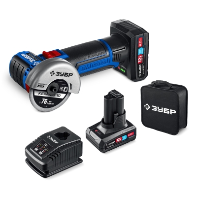 ЗУБР 12 В, D76 мм, 2 АКБ тип Т7 (4 А·ч), бесщеточная УШМ, сумка, Профессионал (AB-76-42)